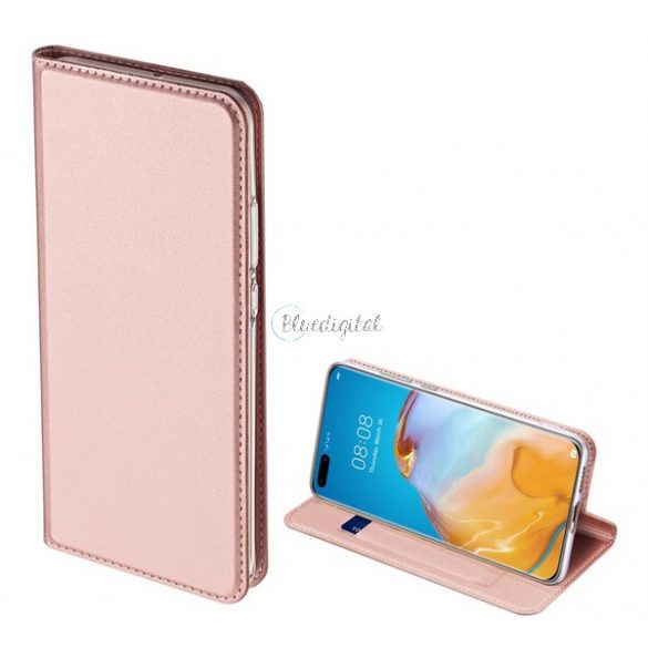 Husa DUX DUCIS SKIN PRO in picioare, efect piele (FLIP, deschidere laterala, suport card bancar, functie suport birou) ROSE GOLD Huawei P40