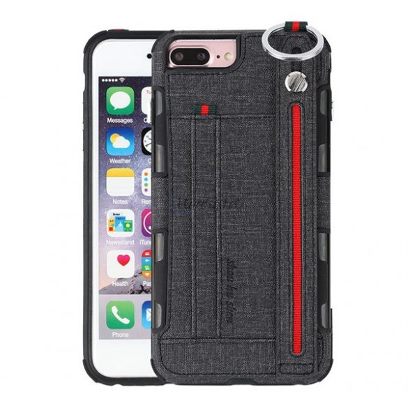 Protectie de telefon din silicon (rezistenta medie la impact, functie de suport de birou, suport card bancar, spate textil + curea pentru incheietura) NEGRU Apple iPhone 6 Plus 5.5, Apple iPhone 6S Plus 5.5, Apple iPhone 7 Plus