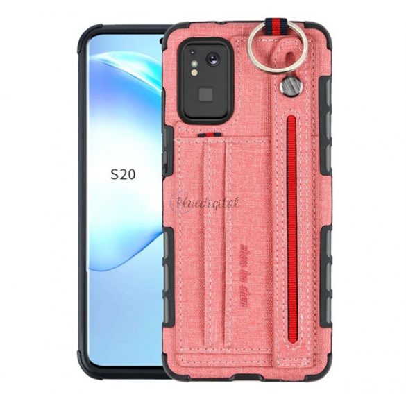 Protectie din silicon pentru telefon (rezistenta medie la impact, functie suport de masa, suport card bancar, spate textil + curea de la mana) ROZ Samsung Galaxy S20 Plus (SM-G985F), Samsung Galaxy S20 Plus 5G (SM)