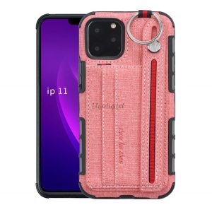 Protectie din silicon pentru telefon (rezistenta medie la impact, functie suport de masa, suport card bancar, spate textil + curea de la mana) ROZ Apple iPhone 11 Pro