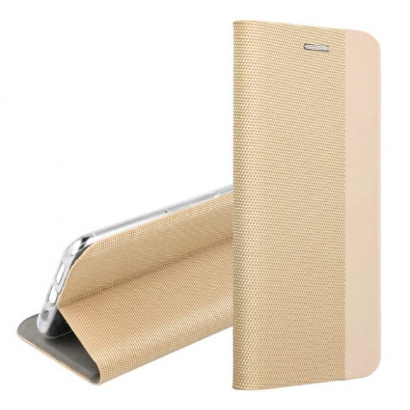 Carcasa in picioare, efect piele (FLIP, deschidere laterala, functie suport de masa, model textil) GOLD Apple iPhone 11 Pro Max