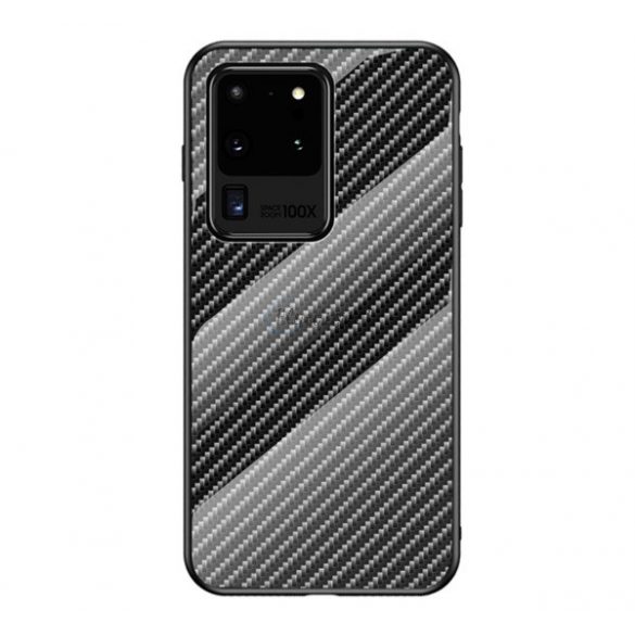 Cadru de protecție din silicon pentru telefon (BUMPER, spate din sticlă călită, model carbon) NEGRU Samsung Galaxy S20 Ultra (SM-G988F), Samsung Galaxy S20 Ultra 5G (SM-G988B)