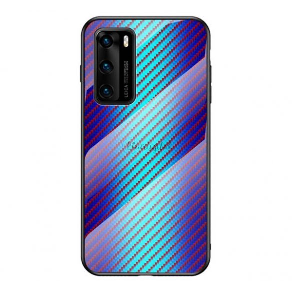 Rama de protectie din silicon pentru telefon (BUMPER, spate din sticla securizata, model carbon) ALBASTRU Huawei P40