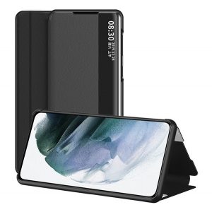 Carcasă în picioare, efect piele (FLIP, deschidere laterală, funcție de suport pentru desktop, afișare număr de telefon, fereastră de vizualizare) NEGRU Samsung Galaxy S10 Lite (SM-G770F)