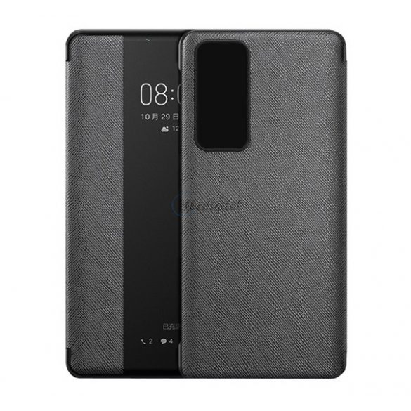 Husă în picioare, efect piele (FLIP activ, deschidere laterală, fereastră de vizualizare, model textil) NEGRU Huawei P40