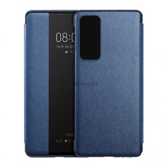 Husă în picioare, efect piele (FLIP activ, deschidere laterală, fereastră de vizualizare, model textil) ALBASTRU Huawei P40