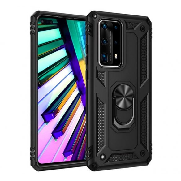 Protecție din plastic pentru telefon Defender (rezistentă la impact mediu, interior din silicon, inel suport telefon, placă metalică încorporată) negru Huawei P40 Pro+ 5G