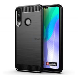 Protector de telefon din silicon (rezistenta la impact mediu, colt cu perna de aer, periat, model carbon) NEGRU Huawei Y6p