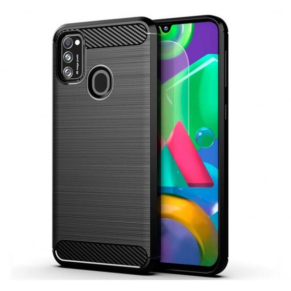 Protector de telefon din silicon (rezistență medie la impact, colț cu pernă de aer, periat, model carbon) NEGRU Samsung Galaxy M21 (SM-M215f)