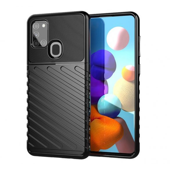 Silicon protecțiepentru telefon (rezistent la impact mediu, cu dungi, model convex) negru Samsung Galaxy A21s (SM-A217F)