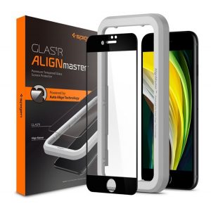 SPIGEN ALM FC din sticlă de protecție pentru ecran (2.5D, fără amprentă, foarte rezistent la zgârieturi, 9H, ultra-subțire, 0,3 mm, evidențiere a culorii) NEGRU Apple iPhone 7 4.7, Apple iPhone 8 4.7, Apple iPhone SE 2 (2020), Măr