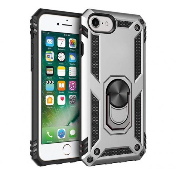 Protector de telefon din plastic Defender (rezistență medie la impact, interior din silicon, inel de suport pentru telefon, placă metalică încorporată) SILVER Apple iPhone 7 4.7, Apple iPhone 8 4.7, Apple iPhone SE 2 (2020), Apple