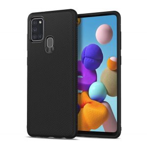 Protector de telefon din silicon (rezistență medie la impact, model în dungi) NEGRU Samsung Galaxy A21s (SM-A217F)