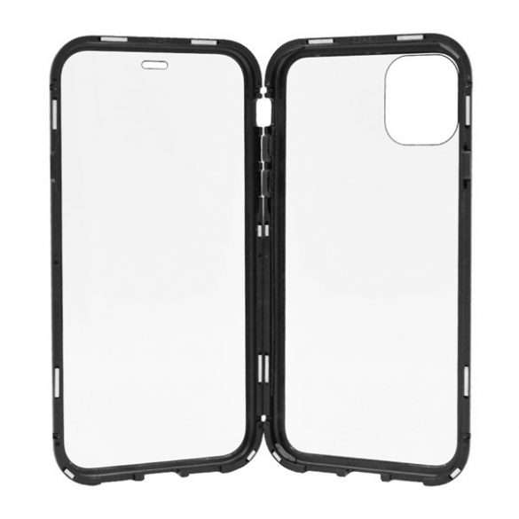 Protectie telefon din aluminiu (protecție 360°, magnetică, rezistență medie la impact, sticlă securizată față, spate, 9H) NEGRU Apple iPhone 11