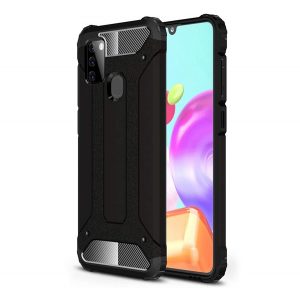 Protecție din plastic pentru telefon Defender (rezistență medie la impact, toc cu pernă de aer, interior din silicon, efect metalic) negru Samsung Galaxy A21s (SM-A217F)