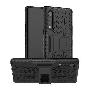 Defender protecțiede plastic pentru telefon (rezistent la impact mediu, interior silicon, anti-alunecare, model anvelope auto) negru LG Velvet (G910E), LG Velvet 5G (G900N)