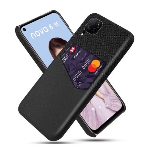 Protectie din plastic pentru telefon (rezistenta medie la impact, suport card bancar, invelis textil, spate cu efect piele) NEGRU Huawei P40 Lite 4G / Nova 6 SE