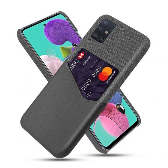 Protecție din plastic pentru telefon (rezistență medie la impact, suport pentru card de credit, strat textil, spate cu efect de piele) GREY Samsung Galaxy A51 (SM-A515F)