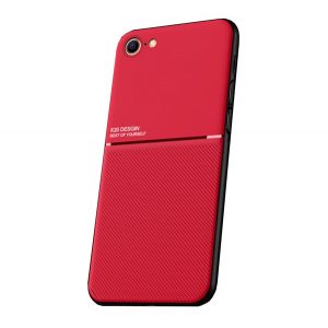 Protectie din plastic pentru telefon (cadru din silicon, rezistenta medie la impact, placa metalica incorporata, spate cu efect piele, model in dungi) RED Apple iPhone 7 4.7, Apple iPhone 8 4.7, Apple iPhone SE 2 (2020), Ap