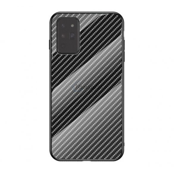 Cadru de protecție din silicon pentru telefon (BUMPER, spate din sticlă călită, model carbon) NEGRU Samsung Galaxy Note 20 5G (SM-N981F), Samsung Galaxy Note 20 (SM-N980F)