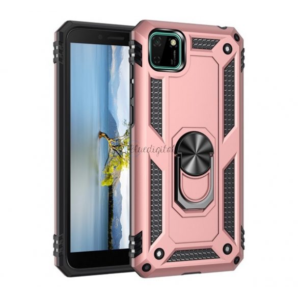 Protector de telefon din plastic Defender (rezistenta medie la impact, interior din silicon, inel suport telefon, placa metalica incorporata) ROSE GOLD Huawei Y5p, Honor 9S