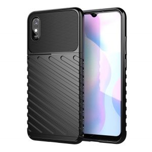 Protector de telefon din silicon (rezistent mediu la impact, cu dungi, model convex) NEGRU Xiaomi Redmi 9A (Redmi 9 AT)