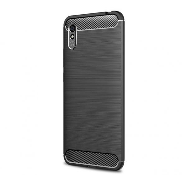 Protector de telefon din silicon (rezistență medie la impact, colț cu pernă de aer, periat, model carbon) NEGRU Xiaomi Redmi 9A (Redmi 9 AT)