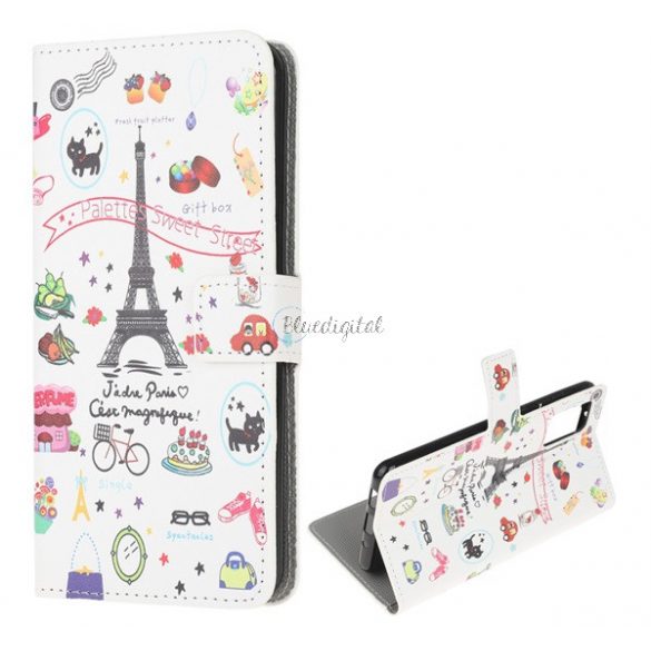 Husă în picioare, efect piele (FLIP, deschidere laterală, funcție de suport pentru masă, model Turnul Eiffel) ALB Samsung Galaxy Note 20 5G (SM-N981F), Samsung Galaxy Note 20 (SM-N980F)