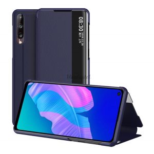 Husă în picioare, efect piele (FLIP, deschidere laterală, funcție de suport pentru desktop, afișare număr de telefon, fereastră de vizualizare) ALBASTRU ÎNCHIS Huawei P40 Lite E / Y7p