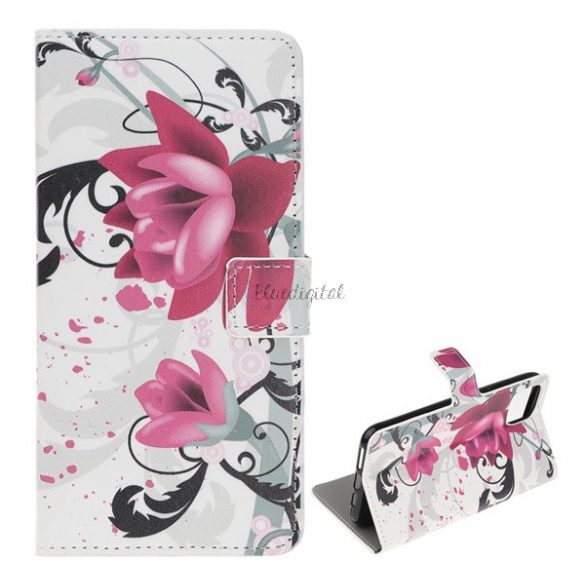 Carcasa in picioare, efect piele (FLIP, deschidere laterala, functie suport de masa, model flori de lotus) ALB Apple iPhone 12, Apple iPhone 12 Pro