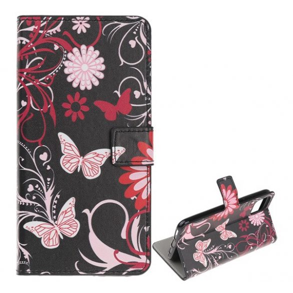 Husă stativă, efect piele (FLIP, deschidere laterală, desktop, fluture, model floral) negru Apple iPhone 12, Apple iPhone 12 Pro