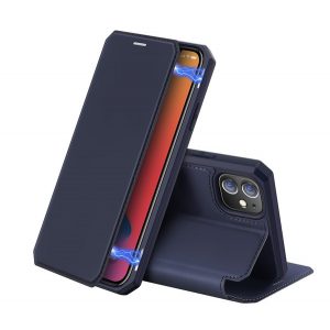 Husa DUX DUCIS SKIN X in picioare, efect piele (FLIP, deschidere laterala, suport desktop, suport pentru incarcare wireless) ALBASTRU INCHIS Apple iPhone 12 mini