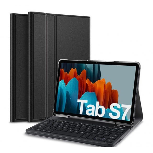 Husă stativă, efect piele (FLIP, tastatură bluetooth, desktop, QWERTY, engleză) negru Samsung Galaxy Tab S7 LTE (SM-T875), Samsung Galaxy Tab S7 WIFI (SM-T870), Samsung Gala