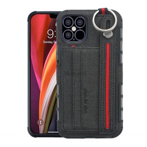 Protectie de telefon din silicon (rezistenta medie la impact, functie suport de masa, suport card bancar, spate textil + curea pentru incheietura) NEGRU Apple iPhone 12 Pro, Apple iPhone 12