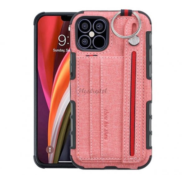 Protectie din silicon pentru telefon (rezistenta medie la impact, functie suport de masa, suport card bancar, spate textil + curea de la mana) ROZ Apple iPhone 12 Pro, Apple iPhone 12