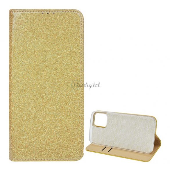 Husa in picioare, efect piele (FLIP, interior din silicon, deschidere laterala, functie suport de masa, suport card bancar, lucios) GOLD Apple iPhone 12 mini