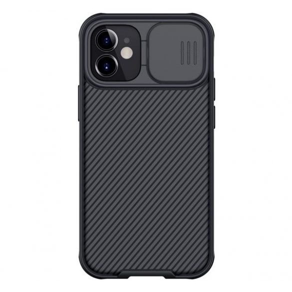 NILLKIN CAMSHIELD PRO protecție din plastic pentru telefon (cadru din silicon, rezistență medie la impact, protecție cameră, model cu dungi) NEGRU Apple iPhone 12 mini