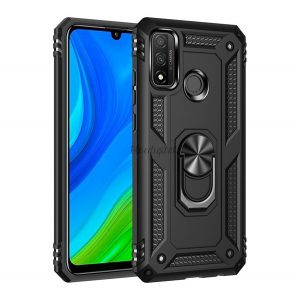 Protector de telefon din plastic Defender (rezistență medie la impact, interior din silicon, inel suport telefon, placă metalică încorporată) NEGRU Huawei P Smart (2020)