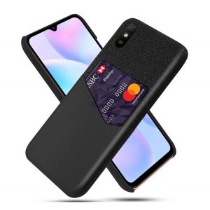 Protectie din plastic pentru telefon (rezistenta medie la impact, suport card bancar, invelis textil, spate cu efect piele) NEGRU Xiaomi Redmi 9A (Redmi 9 AT)