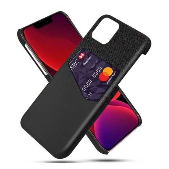 Protectie din plastic pentru telefon (rezistenta medie la impact, suport card bancar, invelis textil, spate cu efect piele) NEGRU Apple iPhone 12 Pro, Apple iPhone 12