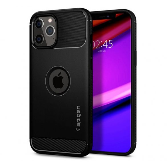 Protector de telefon din silicon SPIGEN RUGGED ARMOR (rezistență medie la impact, colț cu pernă de aer, model carbon, decupaj logo) NEGRU Apple iPhone 12, Apple iPhone 12 Pro