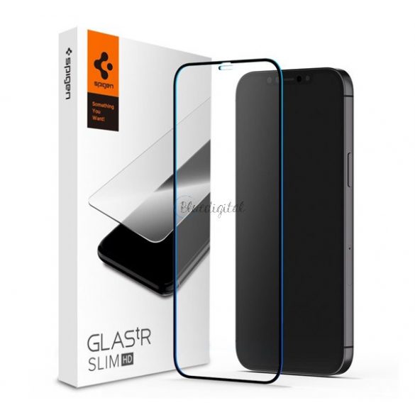 SPIGEN FC din sticlă de protecție pentru ecran (2.5D, fără amprentă, foarte rezistent la zgârieturi, 9H, ultra-subțire, 0,3 mm, evidențiere de culoare) NEGRU Apple iPhone 12 Pro Max