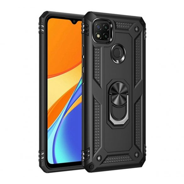 Defender protecțiede telefon din plastic (rezistent la impact mediu, interior din silicon, inel de titular de telefon, placă metalică încorporată) negru Xiaomi Redmi 9C, Xiaomi Redmi 10A