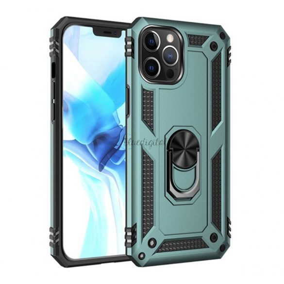 Protector de telefon din plastic Defender (rezistență medie la impact, interior din silicon, inel de suport pentru telefon, placă metalică încorporată) VERDE ÎNCHIS Apple iPhone 12 Pro Max