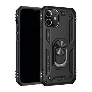 Protector de telefon din plastic Defender (rezistență medie la impact, interior din silicon, inel de suport pentru telefon, placă metalică încorporată) NEGRU Apple iPhone 12, Apple iPhone 12 Pro