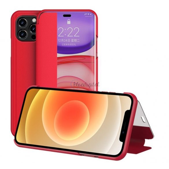 Carcasa in picioare, efect piele (FLIP, deschidere laterala, functie suport de masa, afisare numarul de telefon, fereastra de vizualizare) RED Apple iPhone 12 mini