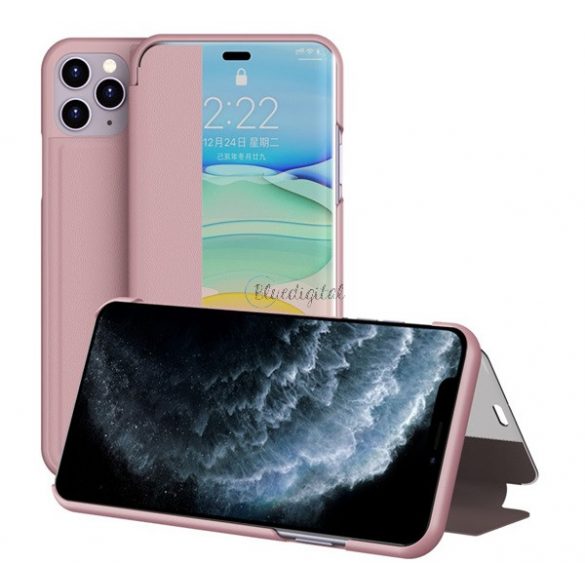 Husă în picioare, efect piele (FLIP, deschidere laterală, funcție de suport pentru birou, afișare număr de telefon, fereastră de vizualizare) ROZ Apple iPhone 11 Pro