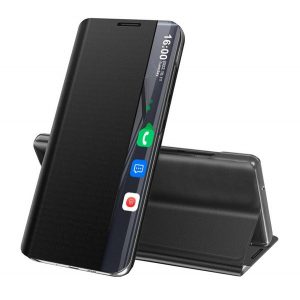 Husă stativă cu efect textil (FLIP activ, deschidere laterală, suport desktop, Smart View Husă) negru Xiaomi Mi 10T Pro 5G, Xiaomi Mi 10T 5G