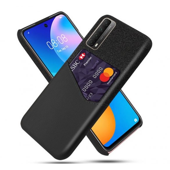 Protectie din plastic pentru telefon (rezistenta medie la impact, suport card bancar, invelis textil, spate cu efect piele) NEGRU Huawei P Smart (2021)