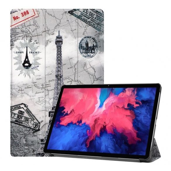 Carcasă în picioare, efect piele (FLIP activ, deschidere laterală, TRIFOLD, suport desktop, Turnul Eiffel, hartă) GR DESCHIS Lenovo Tab P11 (TB-J606F), Lenovo Tab P11 5G (TB-J607Z), Lenovo Tab P11 Plus (TB- J616F))